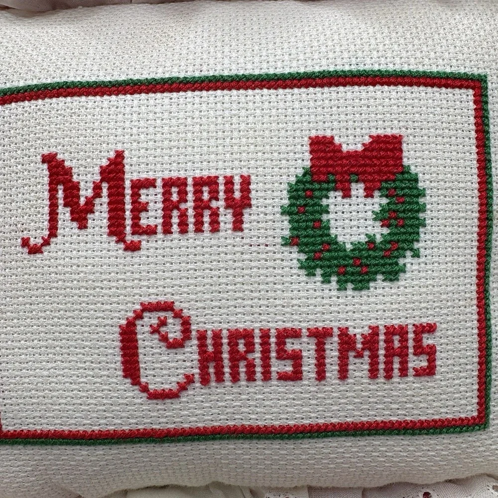Cross Stitch Pillows Merry Christmas Set Of 2 VTG Gingham Red Trim Throw Pillows